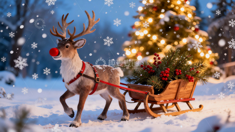 高清大图下载【趣麦麦图】雪地驯鹿拉雪橇圣诞夜景