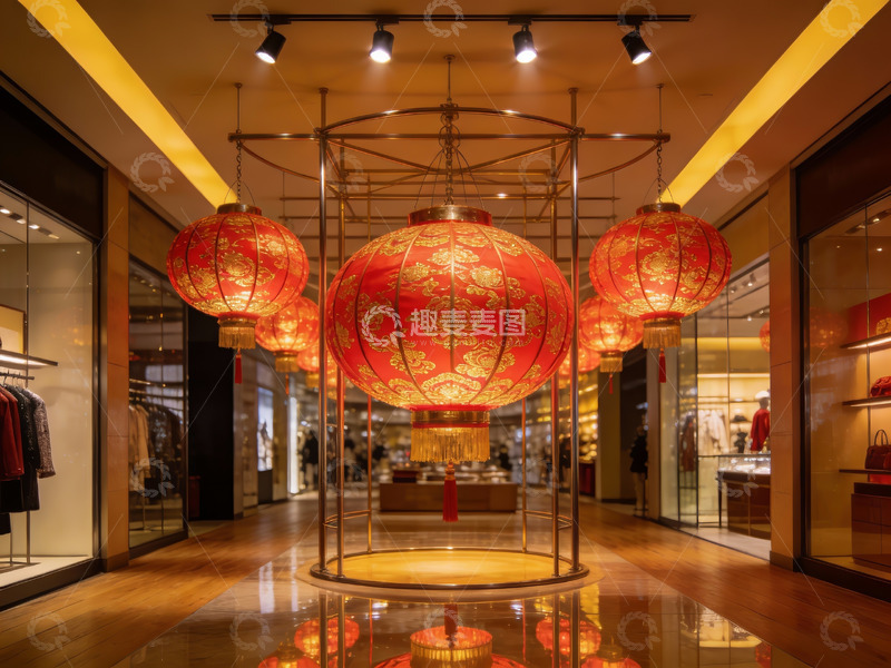 高清大图下载【趣麦麦图】商场内悬挂红色灯笼装饰