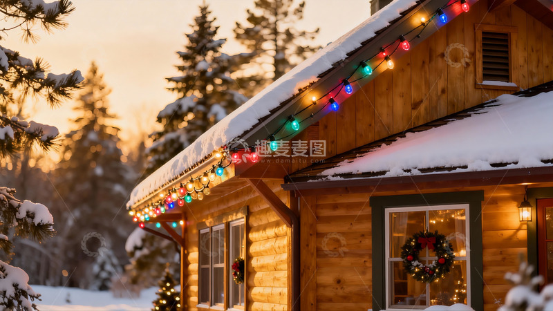 高清大图下载【趣麦麦图】雪夜木屋彩灯装饰