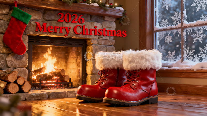 高清大图下载【趣麦麦图】壁炉前的圣诞靴与节日装饰