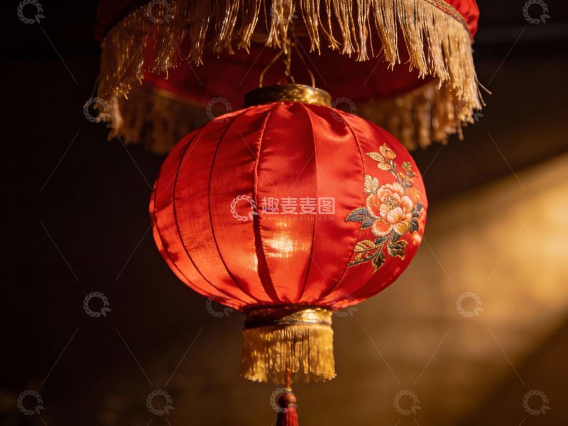 高清大图下载【趣麦麦图】红色灯笼悬挂室内光影效果