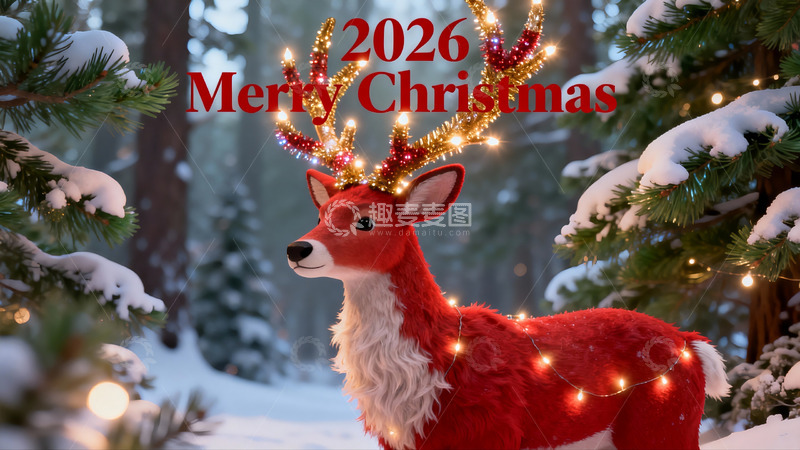 高清大图下载【趣麦麦图】雪地圣诞鹿灯光装饰场景