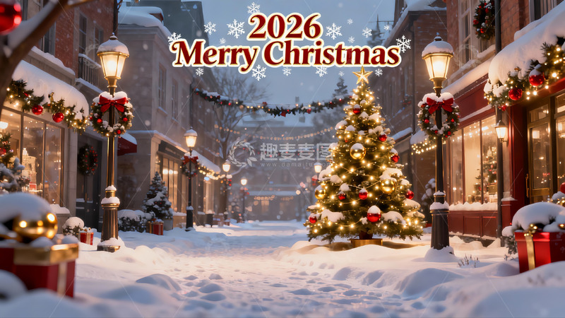 高清大图下载【趣麦麦图】雪夜圣诞街景灯火辉煌