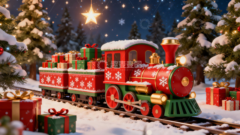 高清大图下载【趣麦麦图】圣诞雪景火车载满礼物