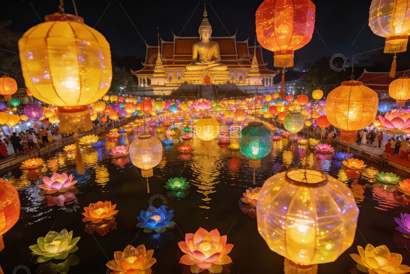 高清大图下载【趣麦麦图】夜色中灯火辉煌的佛寺庆典