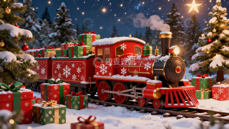 高清大图下载【趣麦麦图】雪夜圣诞火车载满礼物