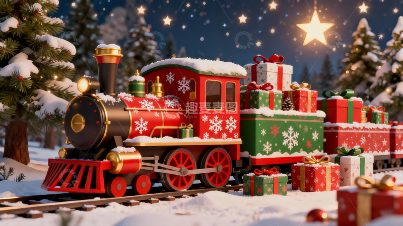 高清大图下载【趣麦麦图】圣诞雪景火车与礼物