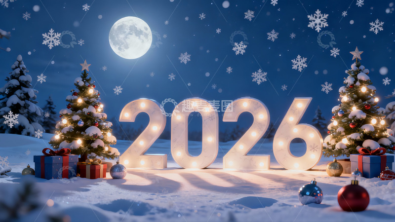 高清大图下载【趣麦麦图】雪夜圣诞树与2026数字灯饰