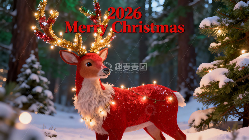 高清大图下载【趣麦麦图】雪地圣诞鹿灯光装饰