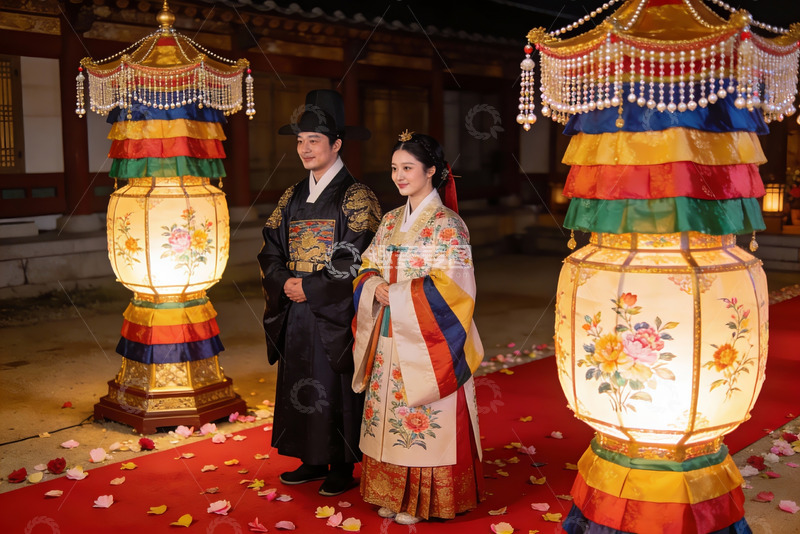 高清大图下载【趣麦麦图】身着传统服饰的男女在灯笼前合影