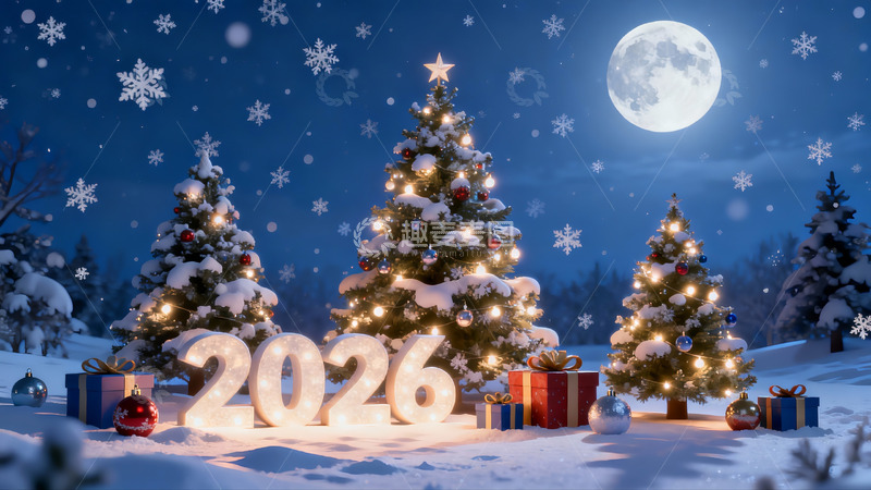 高清大图下载【趣麦麦图】雪夜圣诞树与满月美景