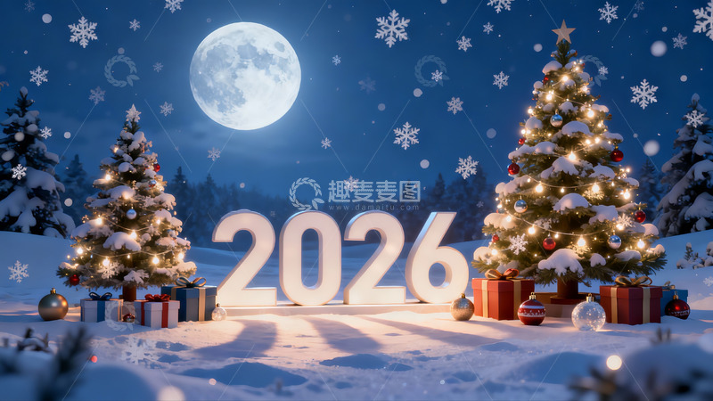 高清大图下载【趣麦麦图】雪夜圣诞树与2026数字装饰