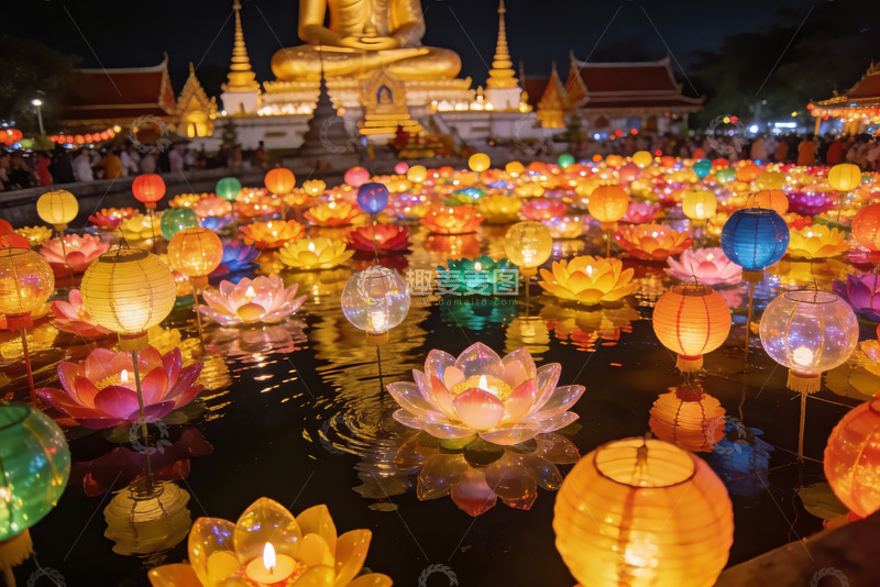 高清大图下载【趣麦麦图】夜色中莲花灯映照佛寺