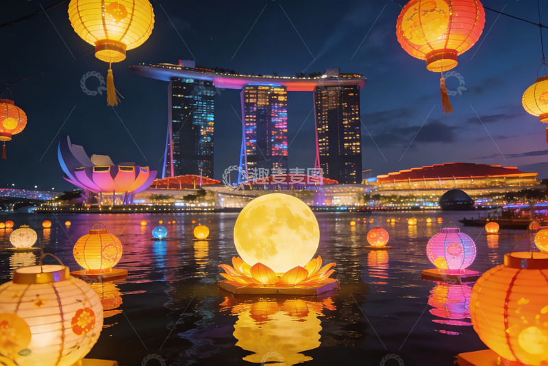 高清大图下载【趣麦麦图】夜景灯笼映衬城市天际线