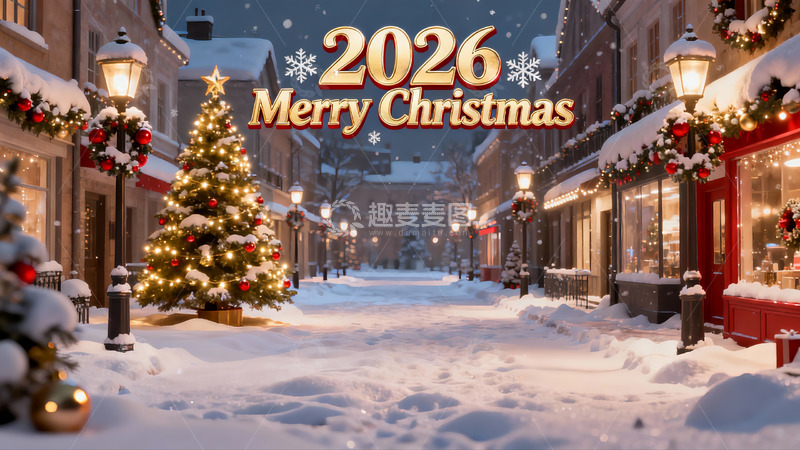 高清大图下载【趣麦麦图】雪夜圣诞街景灯光璀璨
