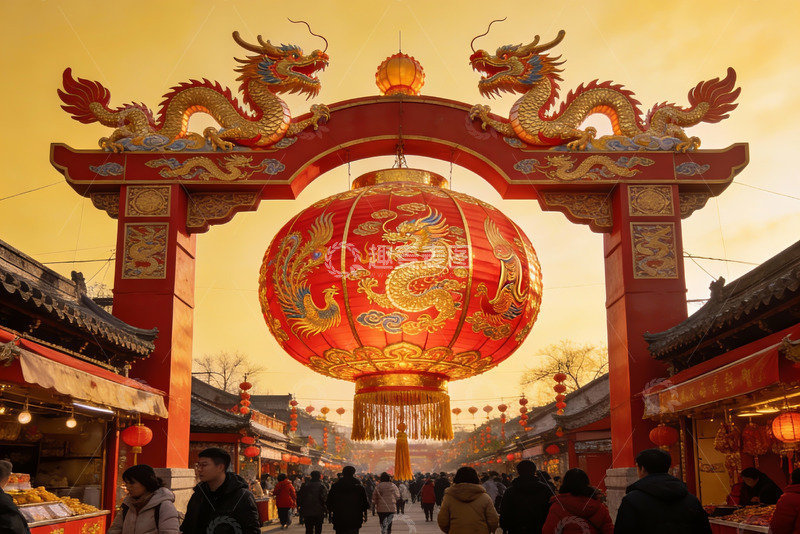 高清大图下载【趣麦麦图】古街龙灯映夕阳行人熙攘