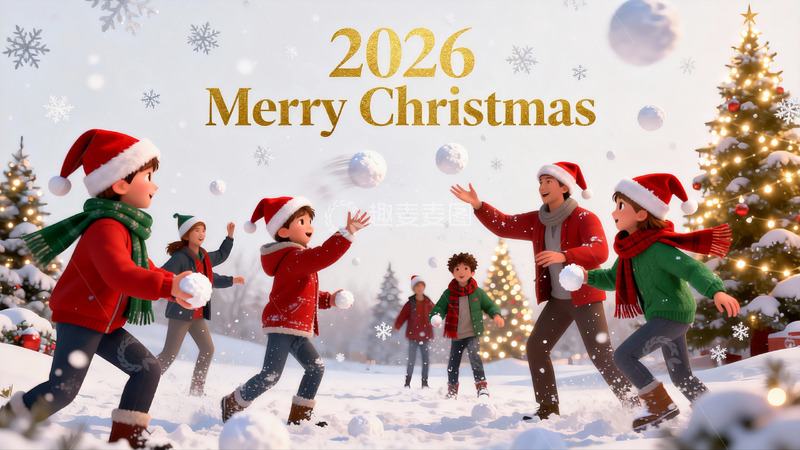 高清大图下载【趣麦麦图】圣诞雪地儿童打雪仗欢乐场景