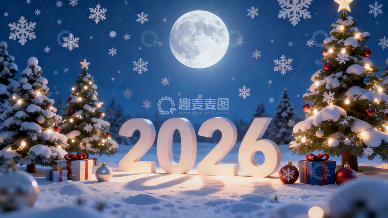 高清大图下载【趣麦麦图】雪夜圣诞树与2026数字