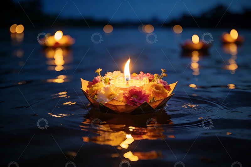 高清大图下载【趣麦麦图】夜色中花灯漂浮水面