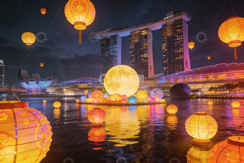 高清大图下载【趣麦麦图】夜景灯笼映水城