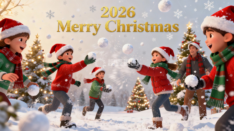 高清大图下载【趣麦麦图】圣诞雪地儿童打雪仗欢乐场景