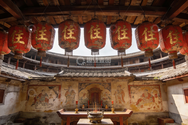 高清大图下载【趣麦麦图】古建筑庭院悬挂红灯笼