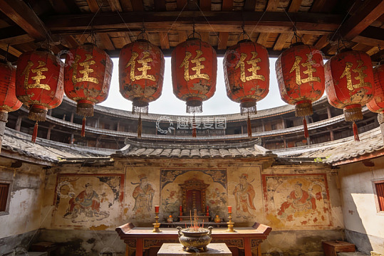 古建筑庭院悬挂红灯笼