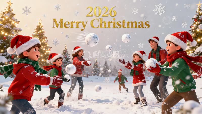 高清大图下载【趣麦麦图】圣诞雪地欢乐打雪仗