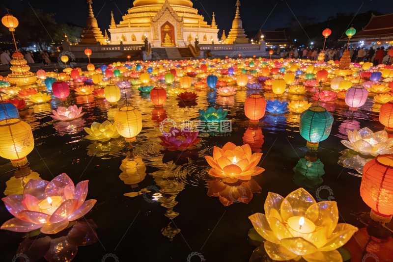 高清大图下载【趣麦麦图】夜色中莲花灯映照佛塔盛景