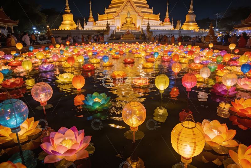 高清大图下载【趣麦麦图】夜色中寺庙前的莲花灯会