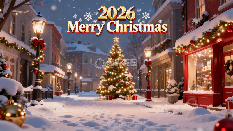 高清大图下载【趣麦麦图】雪夜圣诞街景灯火辉煌