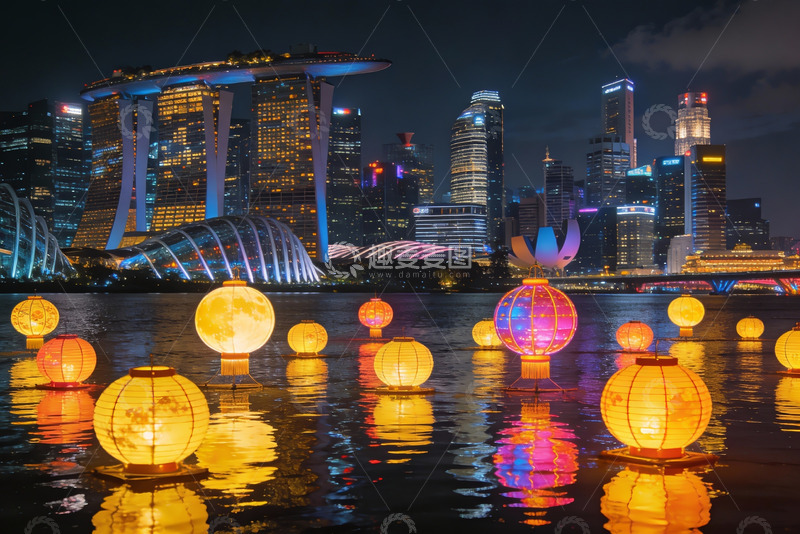 高清大图下载【趣麦麦图】夜景城市河畔灯笼光影