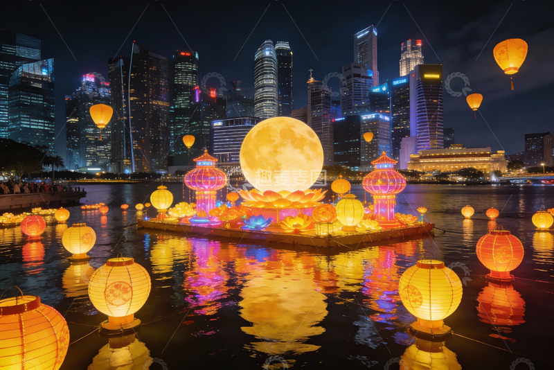 高清大图下载【趣麦麦图】夜景城市河畔灯笼与月亮装饰