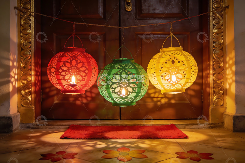 高清大图下载【趣麦麦图】彩色灯笼装饰门廊节日氛围