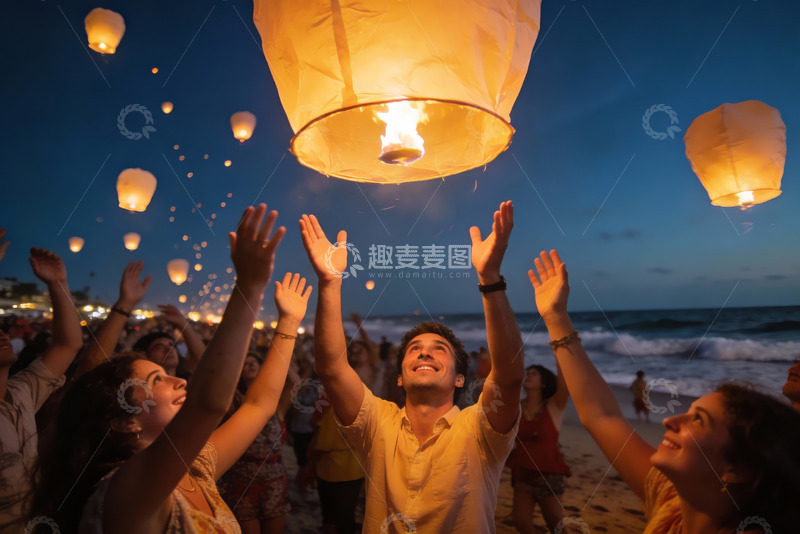 高清大图下载【趣麦麦图】海滩夜放孔明灯人群欢聚