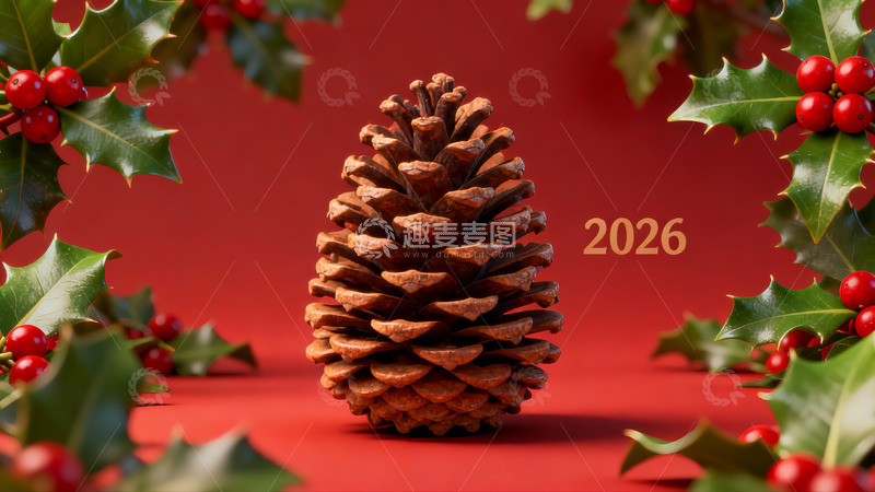 高清大图下载【趣麦麦图】红色背景松果与冬青装饰