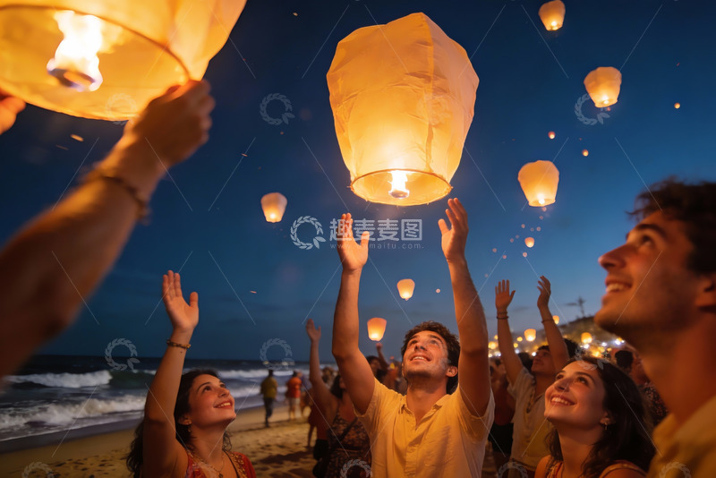 高清大图下载【趣麦麦图】海滩夜放孔明灯祈福