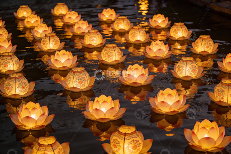 高清大图下载【趣麦麦图】水中莲花灯夜景