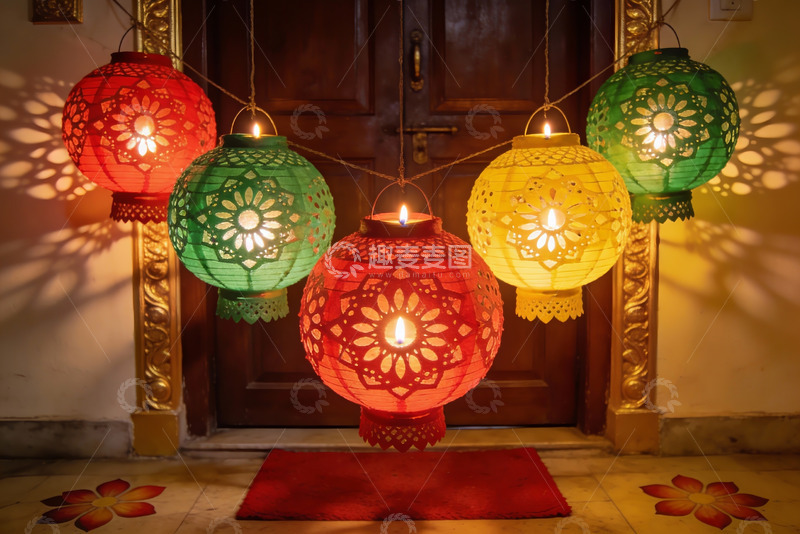 高清大图下载【趣麦麦图】彩色灯笼装饰门口节日氛围