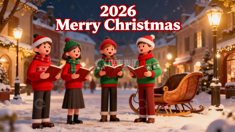 高清大图下载【趣麦麦图】雪夜圣诞合唱团欢乐场景