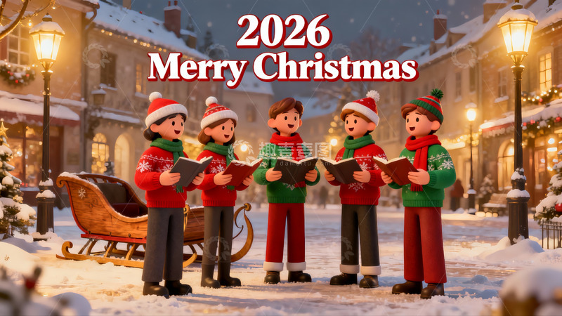 高清大图下载【趣麦麦图】雪夜圣诞合唱团欢乐场景