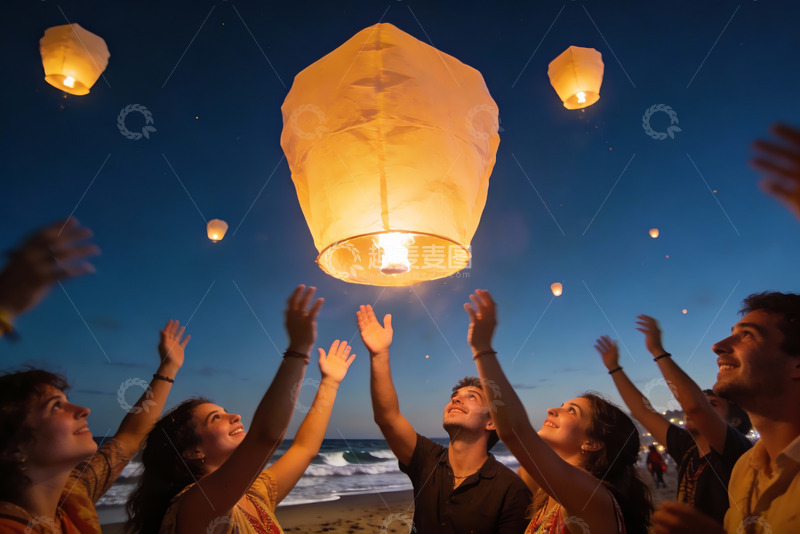 高清大图下载【趣麦麦图】海滩夜放孔明灯祈福
