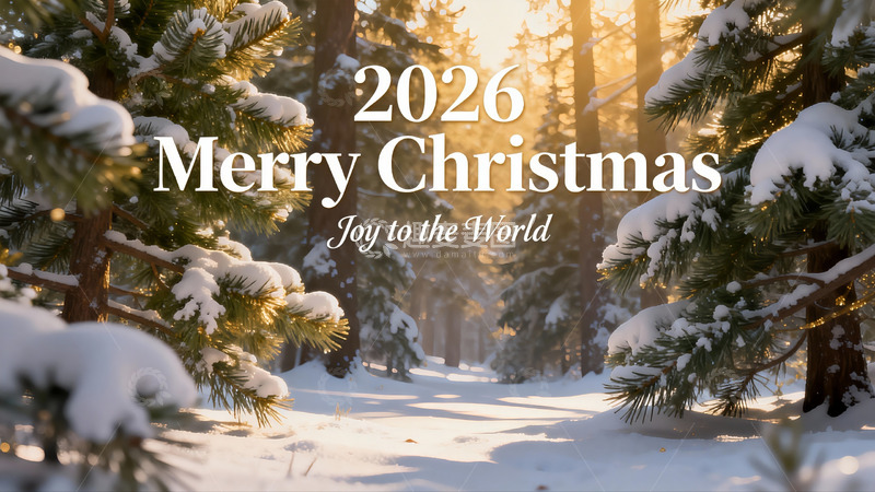 高清大图下载【趣麦麦图】雪后松林圣诞祝福图