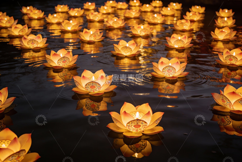 高清大图下载【趣麦麦图】水中莲花灯夜景