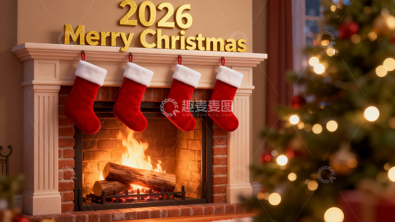 高清大图下载【趣麦麦图】壁炉旁圣诞袜与节日装饰