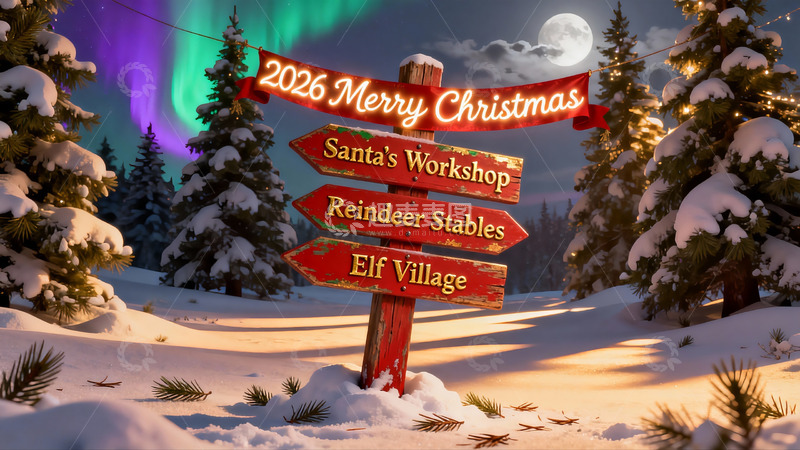 高清大图下载【趣麦麦图】雪夜圣诞指引牌北极光