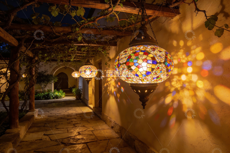 高清大图下载【趣麦麦图】夜色庭院彩灯映照光影