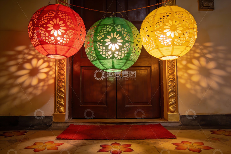 高清大图下载【趣麦麦图】彩色灯笼映衬门廊光影