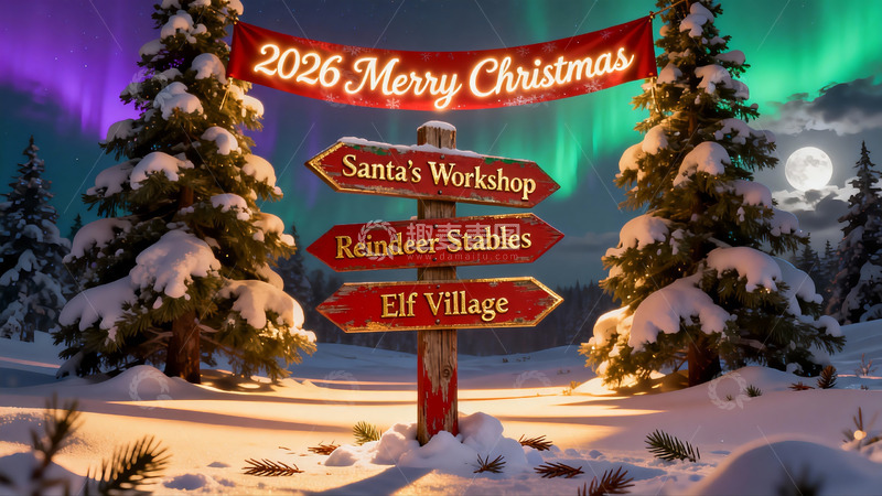 高清大图下载【趣麦麦图】雪夜圣诞主题指示牌风景