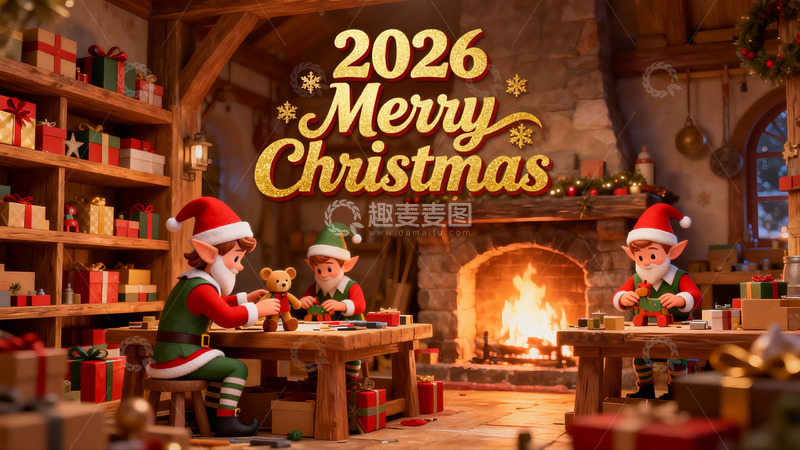 高清大图下载【趣麦麦图】圣诞精灵制作礼物温馨场景